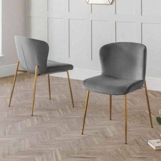 Hirosan Grey Velvet Dining Chairs with Gold Legs in Pair