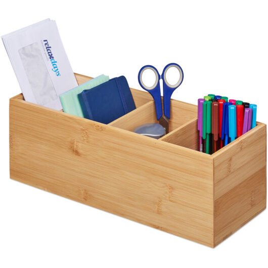 Relaxdays - Bamboo Organiser Box 4 Compartments, Narrow, Storage for Kitchen, Bathroom, Office, 12x35x14 cm, Natural Brown