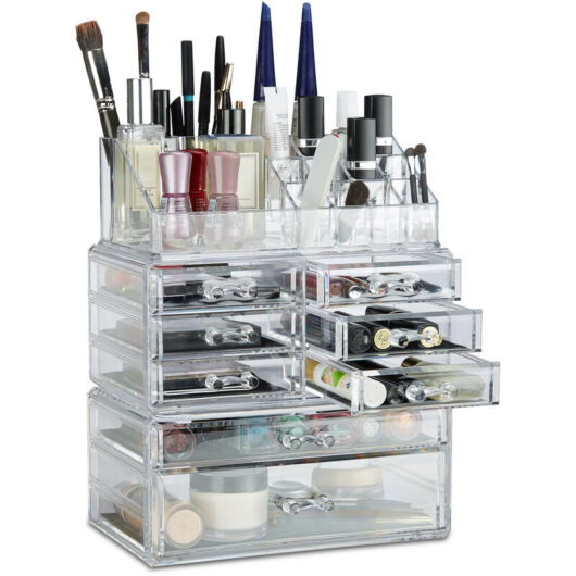 Relaxdays - Makeup Organizer with Drawers, Stacking Makeup and Jewellery Box, Acrylic Cosmetic Kit, Transparent