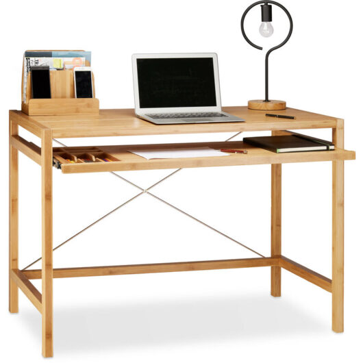 Relaxdays - Wooden Computer Table, Keyboard Drawer, Solid Office Desk, HxWxD: 76.5 x 106.5 x 55.5 cm, Natural Brown